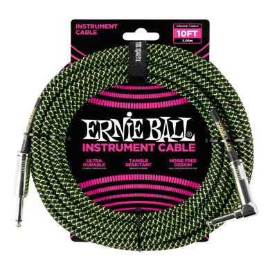 Ernie Ball 6077 кабель инструментальный, оплетёный, 3,05 м, прямой/угловой джеки, чёрно-зелёный Ernie Ball 6077 кабель инструментальный, оплетёный, 3,05 м, прямой/угловой джеки, чёрно-зелёный