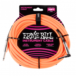 Ernie Ball 6079 кабель инструментальный, оплетёный, 3,05 м, прямой/угловой джеки, оранжевый неон