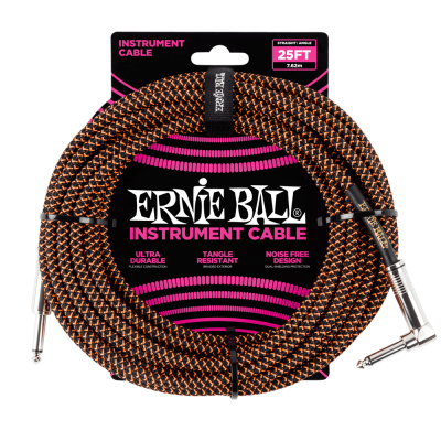 Ernie Ball 6064 кабель инструментальный, прямой / угловой джеки, 7,62м, цвет чёрный с оранжевым