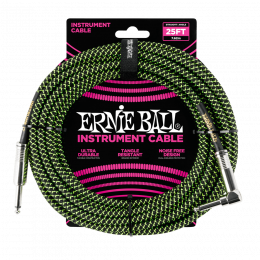 Ernie Ball 6066 кабель инструментальный, прямой / угловой джеки, 7,62м, цвет чёрный с зелёным.