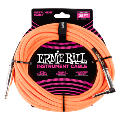 Ernie Ball 6067 кабель инструментальный, прямой / угловой джеки, 7,62м, цвет оранжевый неон