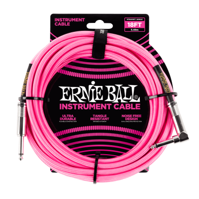 Ernie Ball 6083 кабель инструментальный, оплетёный, 5,49 м, прямой/угловой джеки, розовый неон