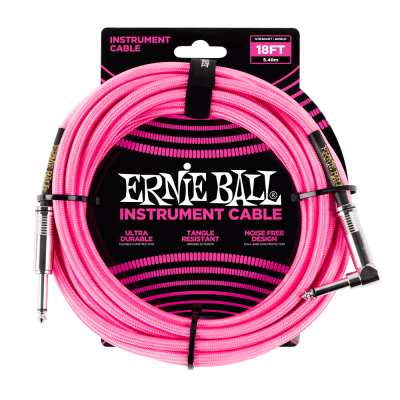 Ernie Ball 6083 кабель инструментальный, оплетёный, 5,49 м, прямой/угловой джеки, розовый неон Ernie Ball 6083 кабель инструментальный, оплетёный, 5,49 м, прямой/угловой джеки, розовый неон