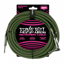 Ernie Ball 6082 кабель инструментальный, оплетёный, 5,49 м, прямой/угловой джеки, чёрно-зелёный
