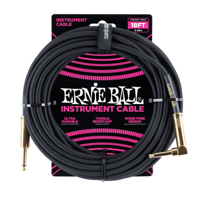 Ernie Ball 6086 кабель инструментальный, оплетёный, 5,49 м, прямой/угловой джеки, чёрный
