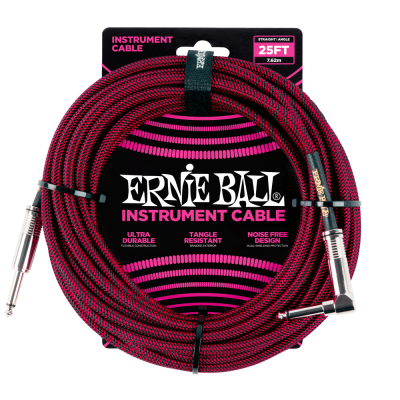 Ernie Ball 6062 кабель инструментальный, прямой / угловой джеки, длина 7,62м, цвет чёрный с красным.