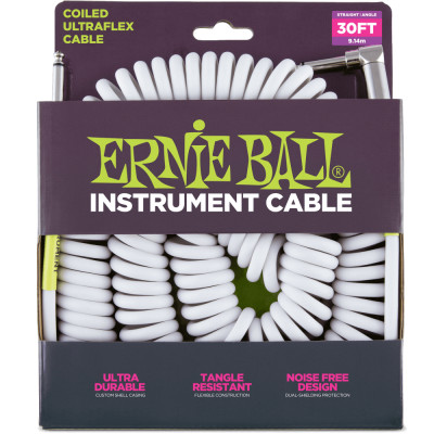 Ernie Ball 6045 кабель инструментальный, витой, прямой - угловой джеки, 9 метров, белый
