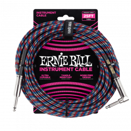 Ernie Ball 6063 кабель инструментальный, прямой / угловой джеки, 7,62м, цвет красный с белым и синим