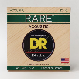DR RPL-10 - струны для акустической гитары, Калибр: 10-48, Серия: RARE™, Обмотка: фосфористая бронза, Покрытие: нет