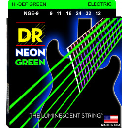 DR NGE-9 - струны для электрогитары, Калибр: 9-42, Серия: HI-DEF NEON™, Обмотка: посеребрёная/никелированая сталь, Покрытие: люминесцентное
