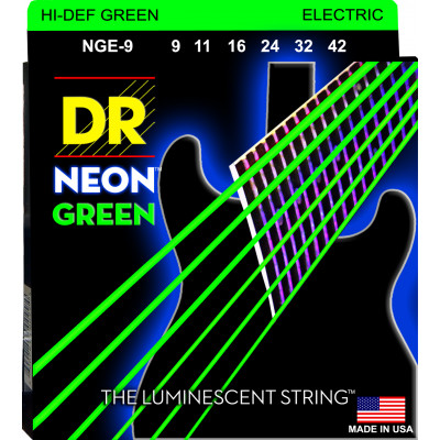 DR NGE-9 - струны для электрогитары, Калибр: 9-42, Серия: HI-DEF NEON™, Обмотка: посеребрёная/никелированая сталь, Покрытие: люминесцентное DR NGE-9 - струны для электрогитары, Калибр: 9-42, Серия: HI-DEF NEON™, Обмотка: посеребрёная/никелированая сталь, Покрытие: люминесцентное