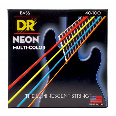 DR NMCB-40 - струны для 4-струнной бас-гитары, Калибр: 40-100, Серия: HI-DEF NEON™, Обмотка: посеребрёная/никелированая сталь, Покрытие: люминесцентно