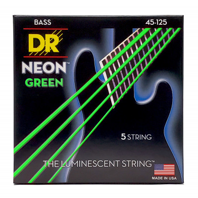 DR NGB5-45 - струны для 5-струнной бас-гитары, Калибр: 45-125, Серия: HI-DEF NEON™, Обмотка: посеребрёная/никелированая сталь, Покрытие: люминесцентно DR NGB5-45 - струны для 5-струнной бас-гитары, Калибр: 45-125, Серия: HI-DEF NEON™, Обмотка: посеребрёная/никелированая сталь, Покрытие: люминесцентно