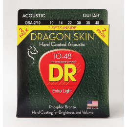 DR DSA-2/10 - струны для акустической гитары, упаковка 2 комплекта, Калибр: 10-48, Серия: DRAGON SKIN™, Обмотка: фосфористая бронза, Покрытие: есть