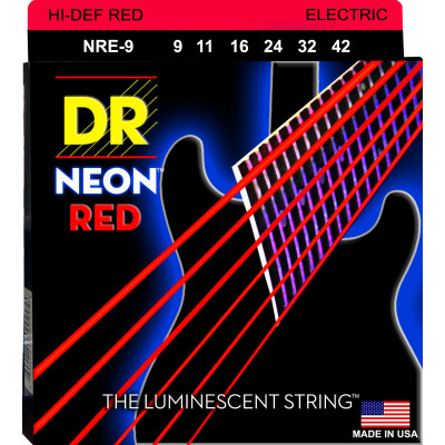 DR NRE-9 - струны для электрогитары, Калибр: 9-42, Серия: HI-DEF NEON™, Обмотка: посеребрёная/никелированая сталь, Покрытие: люминесцентное DR NRE-9 - струны для электрогитары, Калибр: 9-42, Серия: HI-DEF NEON™, Обмотка: посеребрёная/никелированая сталь, Покрытие: люминесцентное