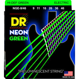 DR NGE-9/46 - струны для электрогитары, Калибр: 9-46, Серия: HI-DEF NEON™, Обмотка: посеребрёная/никелированая сталь, Покрытие: люминесцентное