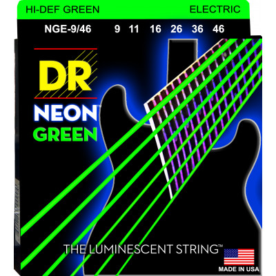 DR NGE-9/46 - струны для электрогитары, Калибр: 9-46, Серия: HI-DEF NEON™, Обмотка: посеребрёная/никелированая сталь, Покрытие: люминесцентное DR NGE-9/46 - струны для электрогитары, Калибр: 9-46, Серия: HI-DEF NEON™, Обмотка: посеребрёная/никелированая сталь, Покрытие: люминесцентное
