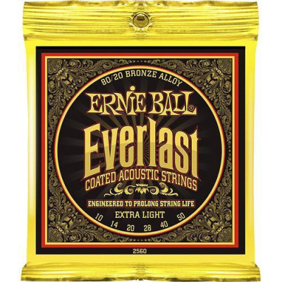 Ernie Ball 2560 струны для акуст.гитары Everlast Coated 80/20 Bronze Extra Light (10-14-20w-28-40-50) бронза с нанонапылением Ernie Ball 2560 струны для акуст.гитары Everlast Coated 80/20 Bronze Extra Light (10-14-20w-28-40-50) бронза с нанонапылением