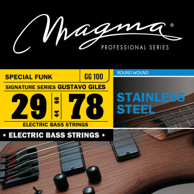 Magma Strings GG100 - Струны для бас-гитары Gustavo Giles 29-78, Серия: Signature, Калибр: 29-44-66-78, Обмотка: круглая, нержавеющая сталь, Натяжение Magma Strings GG100 - Струны для бас-гитары Gustavo Giles 29-78, Серия: Signature, Калибр: 29-44-66-78, Обмотка: круглая, нержавеющая сталь, Натяжение