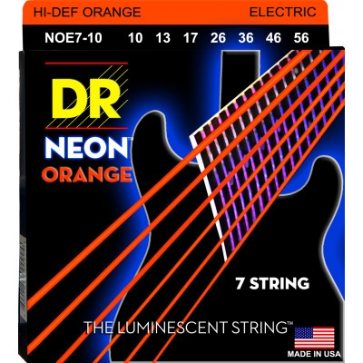 DR NOE7-10 - струны для 7-струнной электрогитары, Калибр: 10-56, Серия: HI-DEF NEON™, Обмотка: посеребрёная/никелированая сталь, Покрытие: люминесцент DR NOE7-10 - струны для 7-струнной электрогитары, Калибр: 10-56, Серия: HI-DEF NEON™, Обмотка: посеребрёная/никелированая сталь, Покрытие: люминесцент