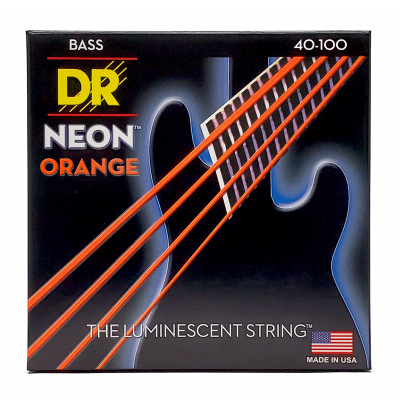 DR NOB-40 - струны для 4-струнной бас-гитары, Калибр: 40-100, Серия: HI-DEF NEON™, Обмотка: посеребрёная/никелированая сталь, Покрытие: люминесцентное