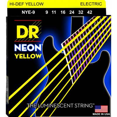 DR NYE-9 - струны для электрогитары, Калибр: 9-42, Серия: HI-DEF NEON™, Обмотка: посеребрёная/никелированая сталь, Покрытие: люминесцентное DR NYE-9 - струны для электрогитары, Калибр: 9-42, Серия: HI-DEF NEON™, Обмотка: посеребрёная/никелированая сталь, Покрытие: люминесцентное
