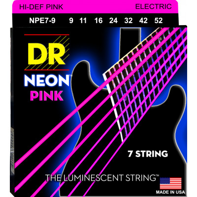 DR NPE7-9 - струны для 7-струнной электрогитары, Калибр: 9-52, Серия: HI-DEF NEON™, Обмотка: посеребрёная/никелированая сталь, Покрытие: люминесцентно DR NPE7-9 - струны для 7-струнной электрогитары, Калибр: 9-52, Серия: HI-DEF NEON™, Обмотка: посеребрёная/никелированая сталь, Покрытие: люминесцентно