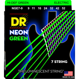 DR NGE7-9 - струны для 7-струнной электрогитары, Калибр: 9-52, Серия: HI-DEF NEON™, Обмотка: посеребрёная/никелированая сталь, Покрытие: люминесцентно