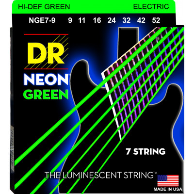 DR NGE7-9 - струны для 7-струнной электрогитары, Калибр: 9-52, Серия: HI-DEF NEON™, Обмотка: посеребрёная/никелированая сталь, Покрытие: люминесцентно DR NGE7-9 - струны для 7-струнной электрогитары, Калибр: 9-52, Серия: HI-DEF NEON™, Обмотка: посеребрёная/никелированая сталь, Покрытие: люминесцентно