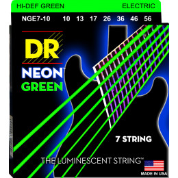 DR NGE7-10 - струны для 7-струнной электрогитары, Калибр: 10-56, Серия: HI-DEF NEON™, Обмотка: посеребрёная/никелированая сталь, Покрытие: люминесцент