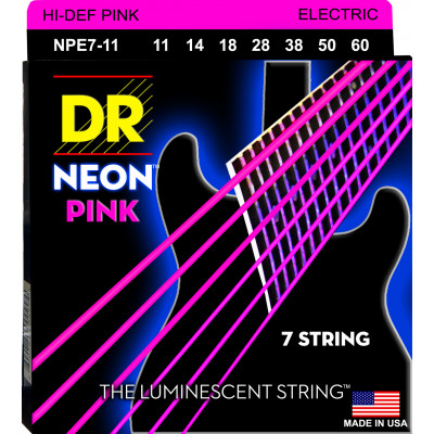 DR NPE7-11 - струны для 7-струнной электрогитары, Калибр: 11-60, Серия: HI-DEF NEON™, Обмотка: посеребрёная/никелированая сталь, Покрытие: люминесцент DR NPE7-11 - струны для 7-струнной электрогитары, Калибр: 11-60, Серия: HI-DEF NEON™, Обмотка: посеребрёная/никелированая сталь, Покрытие: люминесцент