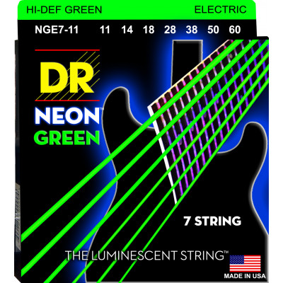DR NGE7-11 - струны для 7-струнной электрогитары, Калибр: 11-60, Серия: HI-DEF NEON™, Обмотка: посеребрёная/никелированая сталь, Покрытие: люминесцент DR NGE7-11 - струны для 7-струнной электрогитары, Калибр: 11-60, Серия: HI-DEF NEON™, Обмотка: посеребрёная/никелированая сталь, Покрытие: люминесцент