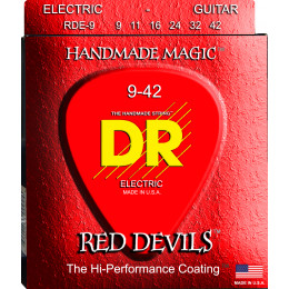 DR RDE-9 - струны для электрогитары, Калибр: 9-42, Серия: RED DEVILS™, Обмотка: посеребрёная/никелированая сталь, Покрытие: есть
