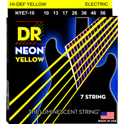 DR NYE7-10 - струны для 7-струнной электрогитары, Калибр: 10-56, Серия: HI-DEF NEON™, Обмотка: посеребрёная/никелированая сталь, Покрытие: люминесцент DR NYE7-10 - струны для 7-струнной электрогитары, Калибр: 10-56, Серия: HI-DEF NEON™, Обмотка: посеребрёная/никелированая сталь, Покрытие: люминесцент
