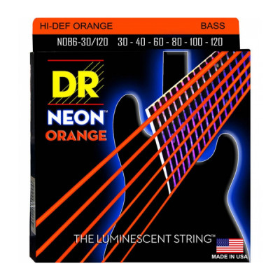 DR NOB6-30/120 - струны для 6-струнной бас-гитары, Калибр: 30-120, Серия: HI-DEF NEON™, Обмотка: посеребрёная/никелированая сталь, Покрытие: люминесце