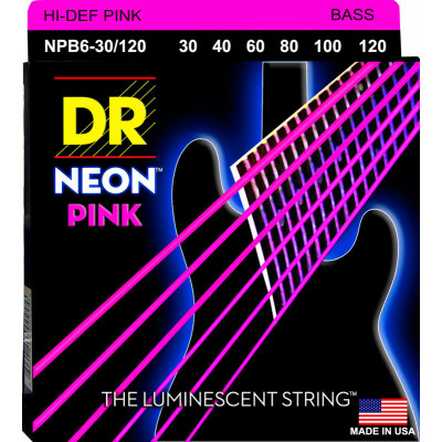 DR NPB6-30/120 - струны для 6-струнной бас-гитары, Калибр: 30-120, Серия: HI-DEF NEON™, Обмотка: посеребрёная/никелированая сталь, Покрытие: люминесце