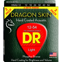 DR DSA-2/12 - струны для акустической гитары, упаковка 2 комплекта, Калибр: 12-54, Серия: DRAGON SKIN™, Обмотка: фосфористая бронза, Покрытие: есть