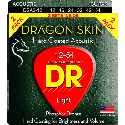 DR DSA-2/12 - струны для акустической гитары, упаковка 2 комплекта, Калибр: 12-54, Серия: DRAGON SKIN™, Обмотка: фосфористая бронза, Покрытие: есть
