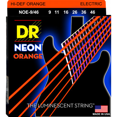 DR NOE-9/46 - струны для электрогитары, Калибр: 9-46, Серия: HI-DEF NEON™, Обмотка: посеребрёная/никелированая сталь, Покрытие: люминесцентное DR NOE-9/46 - струны для электрогитары, Калибр: 9-46, Серия: HI-DEF NEON™, Обмотка: посеребрёная/никелированая сталь, Покрытие: люминесцентное
