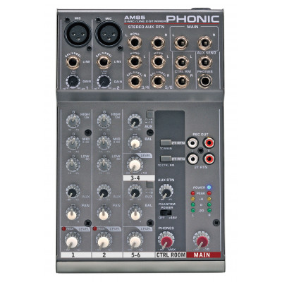 Phonic AM 85 Микшерный пульт 6-и канальный, 2 моно входа, 2 стерео, 3-х пол. экв. на кажд. (10 шт)